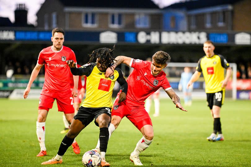 Action from the League Two match between Harrogate Town and Grimsby Town on April 9, 2024