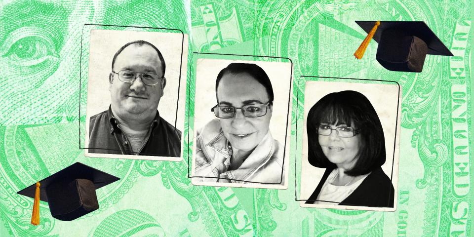 3 senior citizens against a green background made up of collaged close-ups of a 100 dollar bill