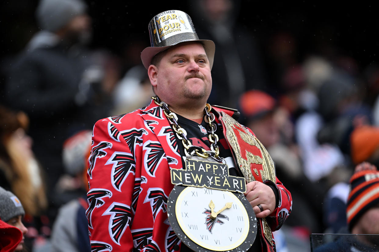 An Atlanta Falcons fan during the first half during a game against the Chicago Bears at Soldier Field 