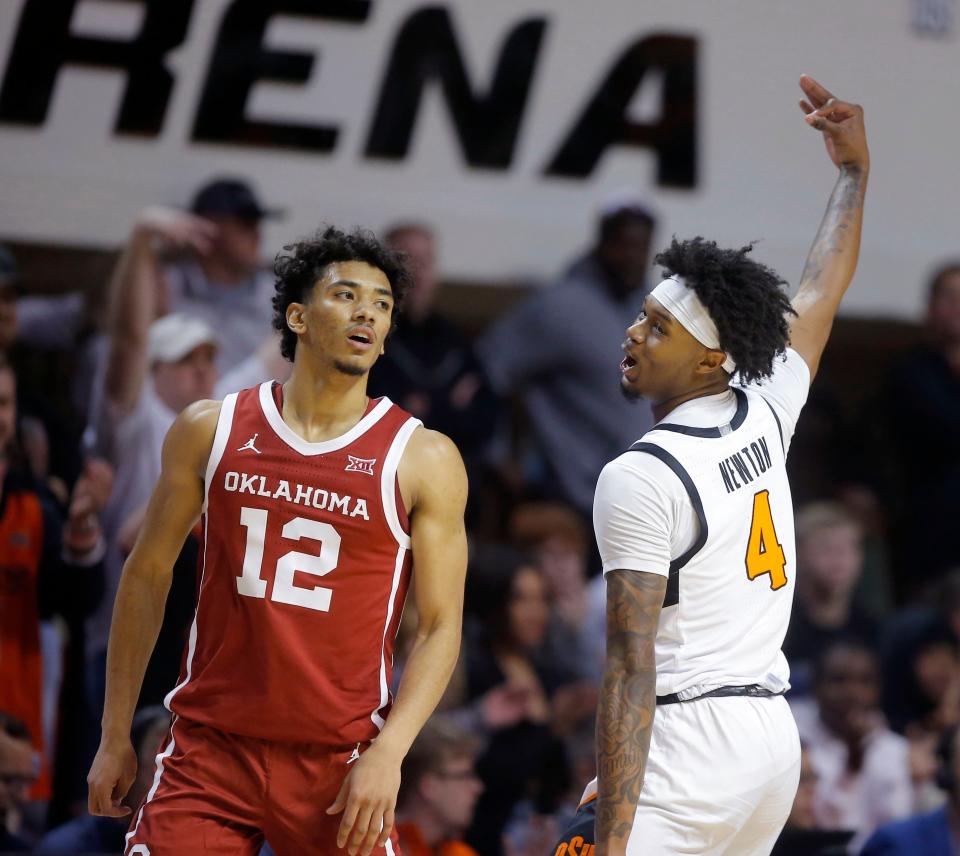 Oklahoma State Cowboys guard Woody Newton (4) celebrates beside Oklahoma Sooners guard Milos Uzan (12) during a men's Bedlam college basketball game between the Oklahoma State University Cowboys (OSU) and the University of Oklahoma Sooners (OU) at Gallagher-Iba Arena in Stillwater, Okla., Wednesday, Jan. 18, 2023. Oklahoma State won 72-56.