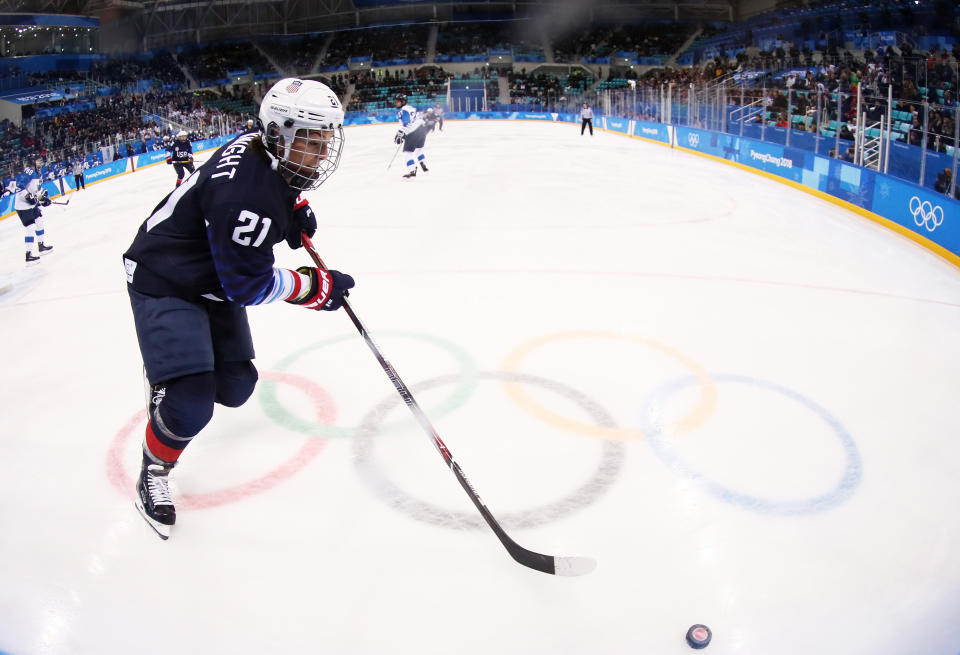 <p>Hilary Knight #21 of the United States play sthe puck against Finland during the Ice Hockey Women Play-offs Semifinals on day 10 of the PyeongChang 2018 Winter Olympic Games at Gangneung Hockey Centre on February 19, 2018 in Pyeongchang-gun, South Korea. (Photo by Jamie Squire/Getty Images) </p>