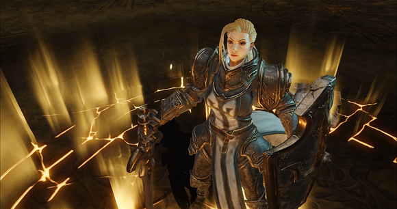 A female, crusader-class character from Diablo Immortal.