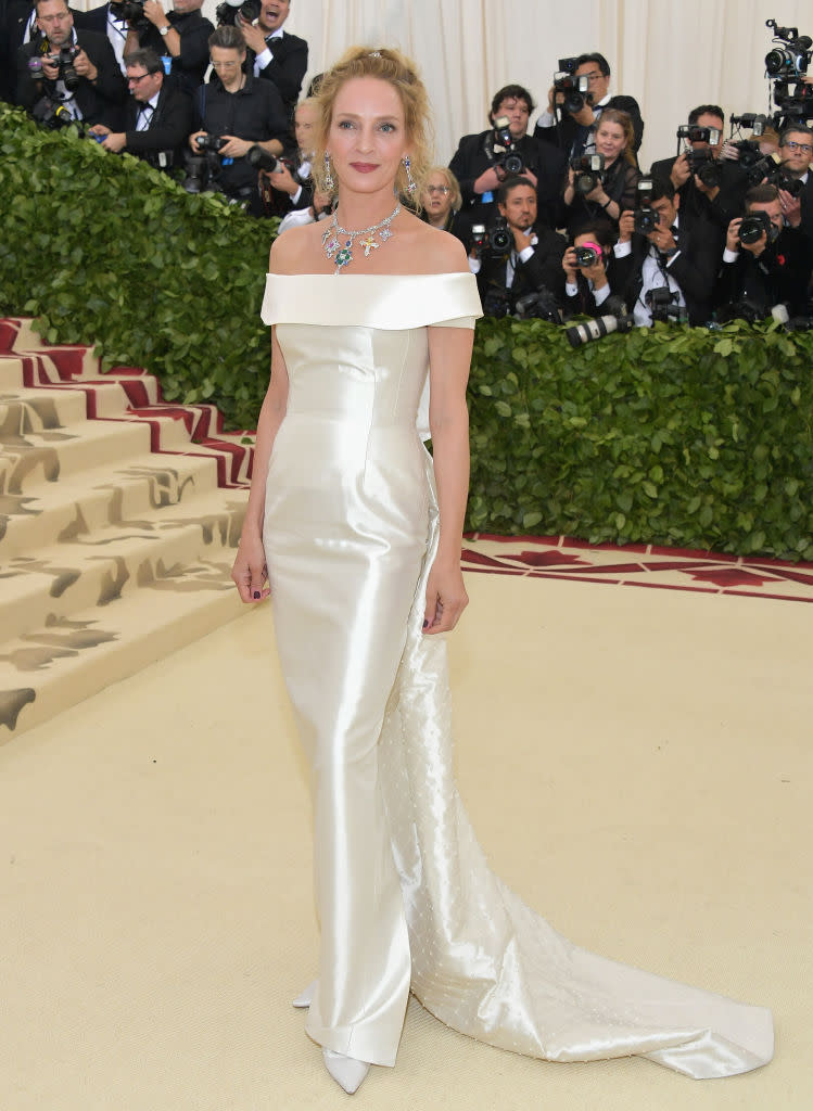 <p>Uma Thurman looks regal in Gabriela Hearst. (Photo: Getty Images) </p>