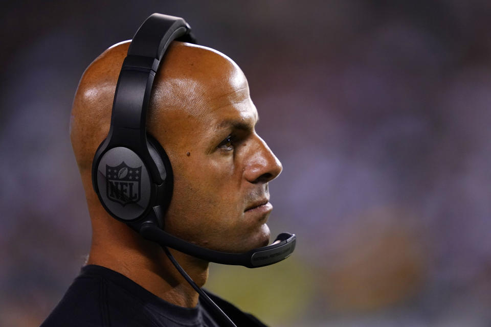 New York Jets Head Coach Robert Saleh watches action during the first half of a preseason NFL football game against the Philadelphia Eagles on Friday, Aug. 12, 2022, in Philadelphia. (AP Photo/Matt Rourke)