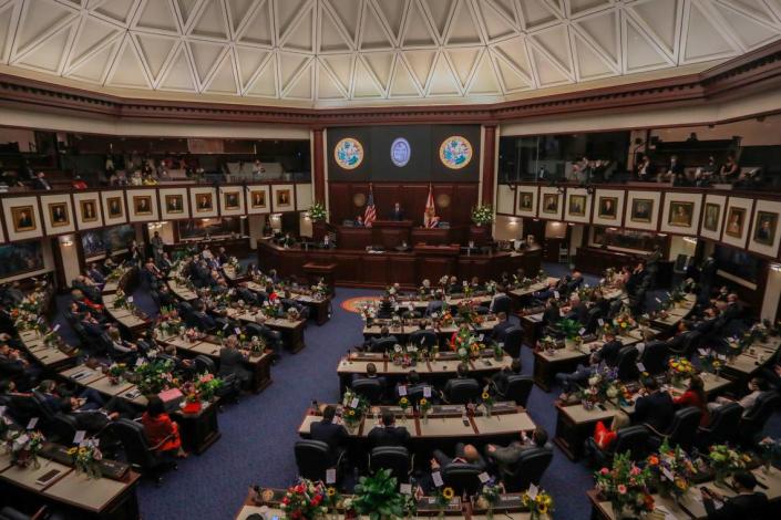 Gov. Ron DeSantis delivers the State of the State address during the joint session of the Florida Legislature at the Capitol in Tallahassee on Tuesday, March 2, 2021.