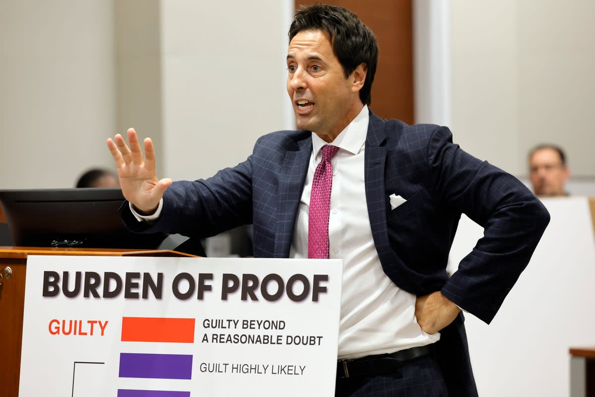 Defense attorney Mark Eiglarsh gives his closing argument in the trial of former Marjory Stoneman Douglas High School School Resource Officer Scot Peterson at the Broward County Courthouse in Fort Lauderdale, Fla., Monday, June 26, 2023 (AP)