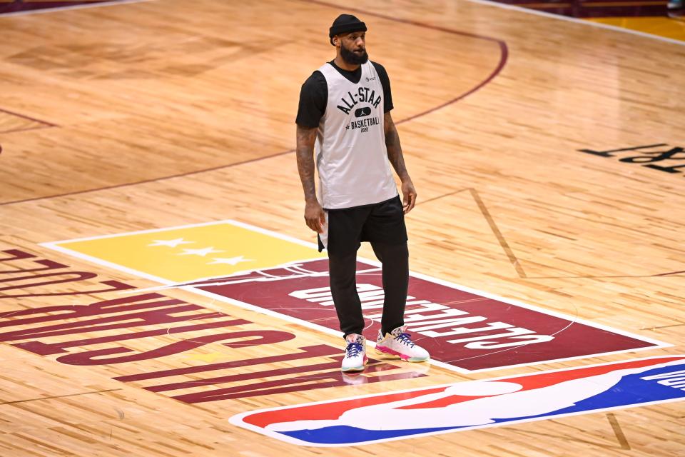 Los Angeles Lakers forward LeBron James stands on the court during the NBA All-Star practice, Feb. 19, 2022, at Wolstein Center in Cleveland.