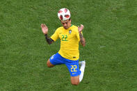 <p>Brazil’s defender Fagner heads the ball during the Russia 2018 World Cup round of 16 football match between Brazil and Mexico at the Samara Arena in Samara on July 2, 2018. (Photo by Kirill KUDRYAVTSEV / AFP) </p>