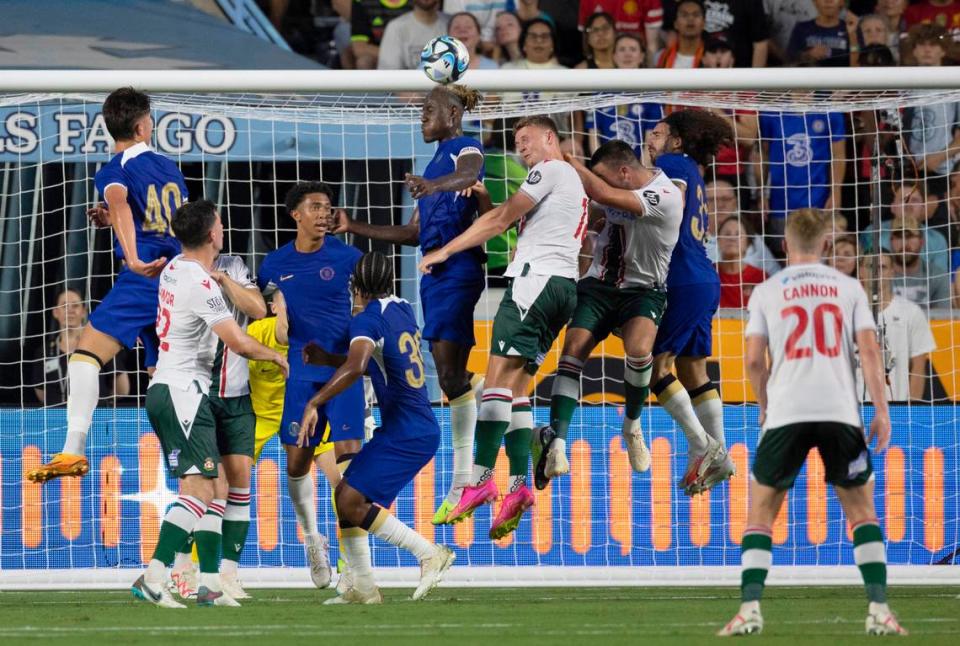 Chelsea’s Trevor Chalobah works to score against Wrexham in the first half of their FC Series game on Wednesday, July 19, 2023 at Kenan Stadium in Chapel Hill, N.C.