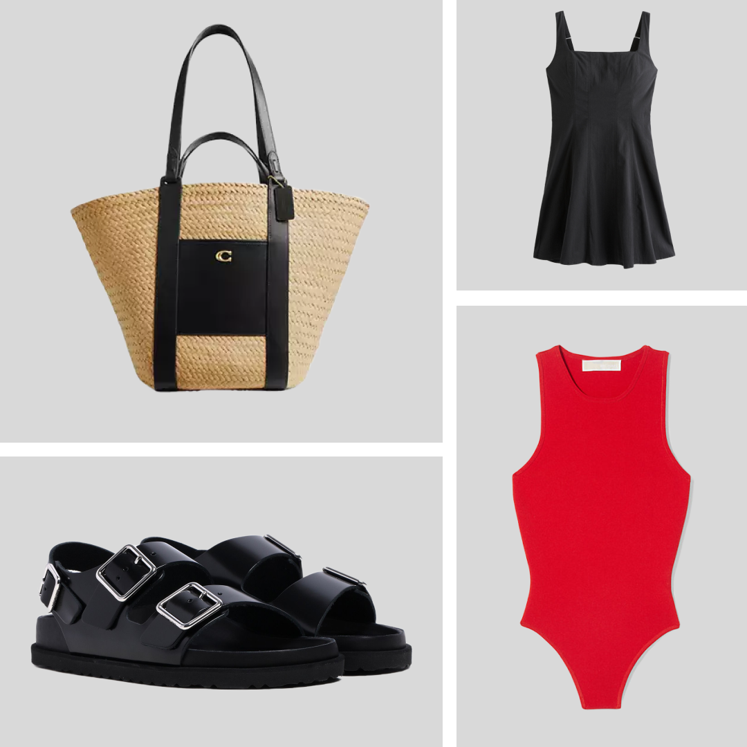  Image collage of Coach Straw Pocket Tote, Michael Michael Kors Ribbed Stretch Knit Racerback Bodysuit, Birkenstock 1774 Milano Leather Sandals,  Abercrombie Stretch Cotton A-Line Mini Dress, . 