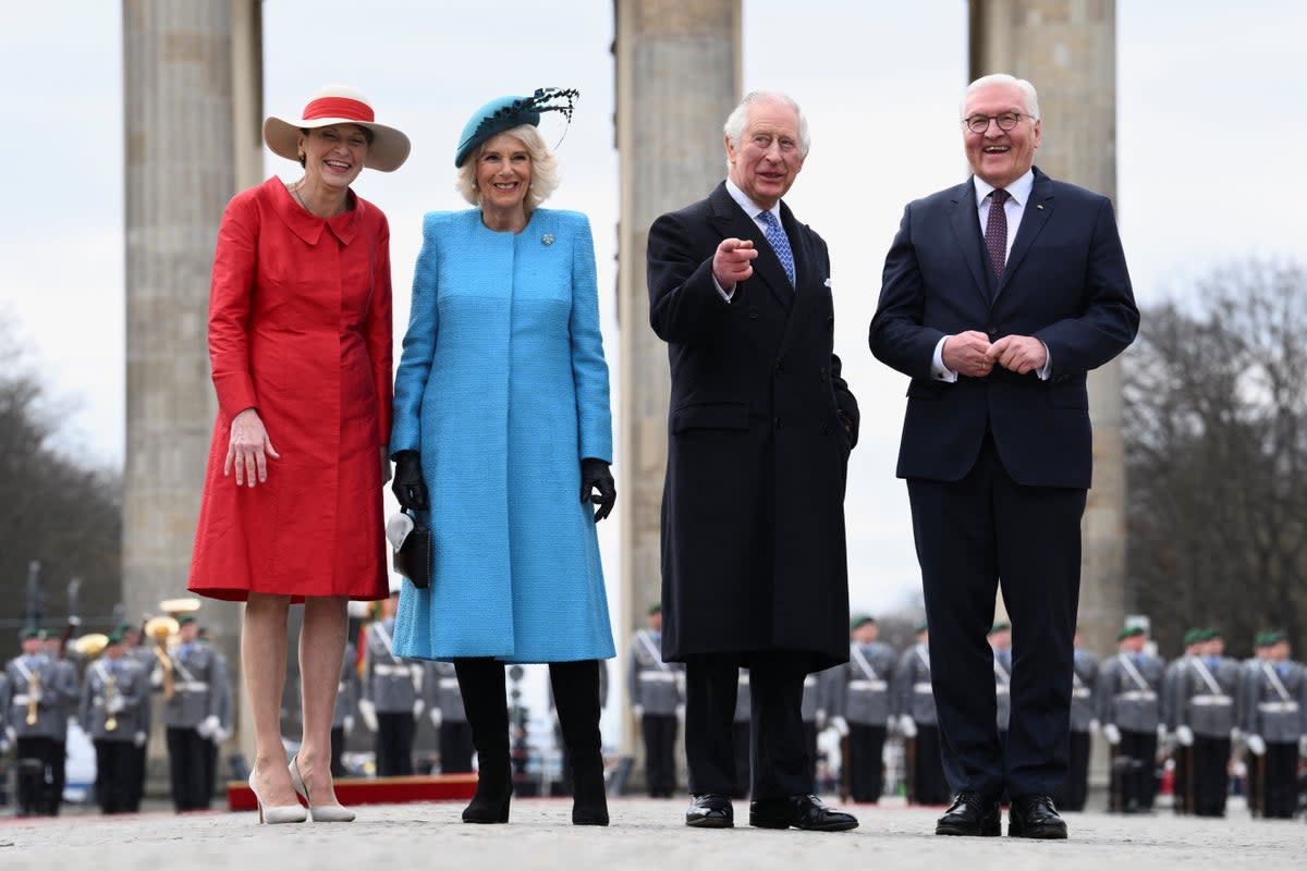 German President Frank-Walter Steinmeier, his wife Elke Buedenbender and Britain's King Charles and Camilla, the Queen Consort attend a welcome ceremony with military honors at Pariser Platz square in front of Brandenburg Gate in Berlin, Germany (REUTERS)