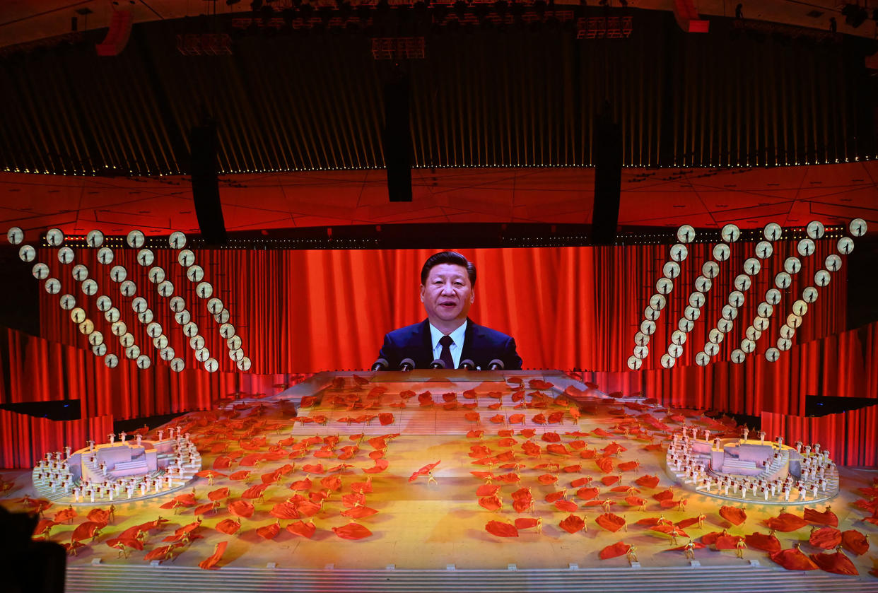 President Xi Jinping of China is seen on a large screen during a performance at the National Stadium in Beijing on June 28, 2021, as part of the celebrations of the 100th Anniversary of the founding of the Communist Party of China on July 1.