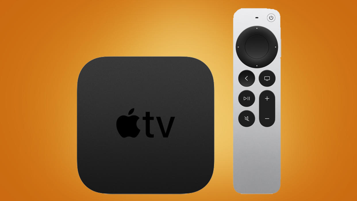  The Apple TV 4K on an orange background. 