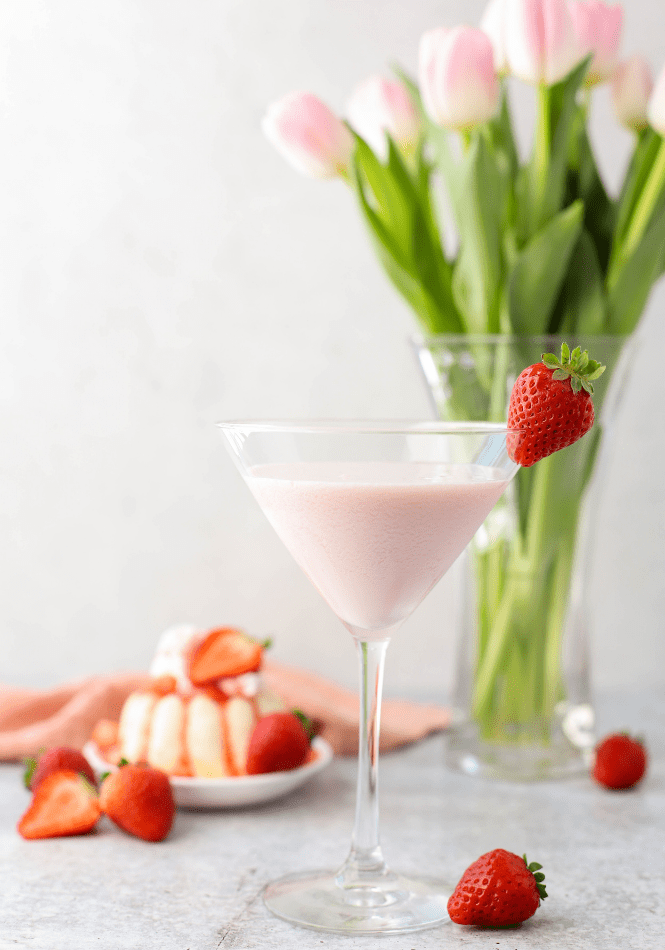 strawberry shortcake martini with strawberries and flowers