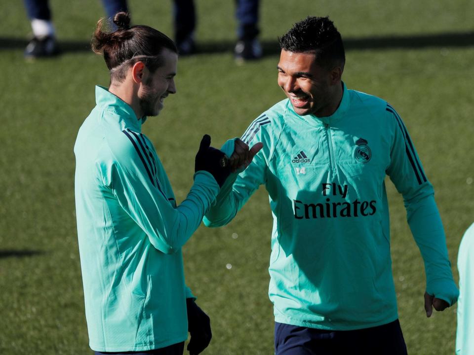 Real Madrid's Gareth Bale and Casemiro during training: REUTERS