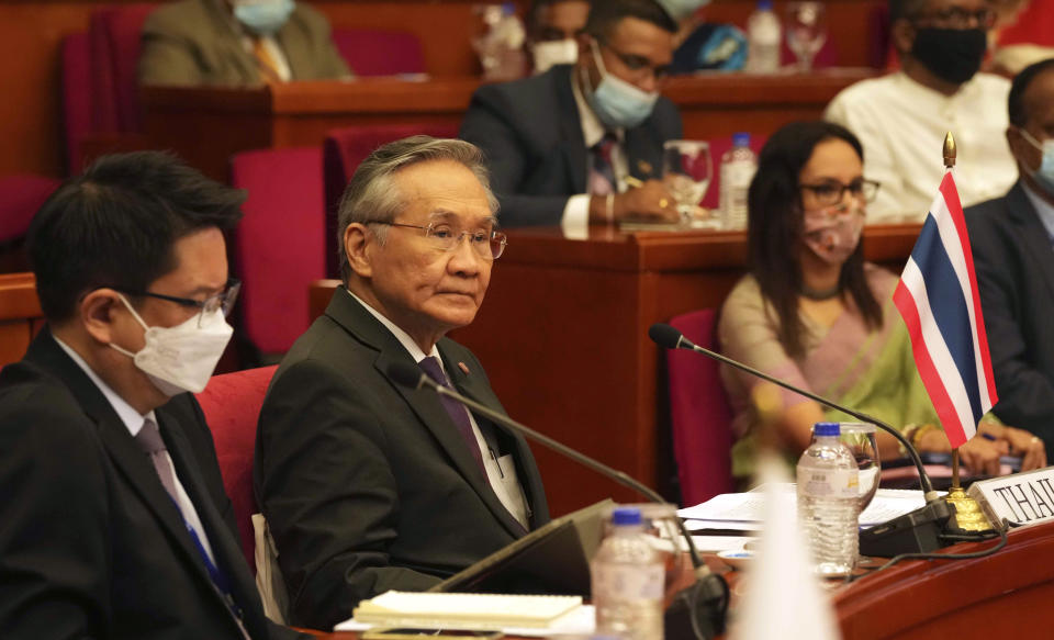 Thailand's foreign minister Don Pramudwinai attends Bay of Bengal Initiative for Multi-Sectoral Technical and Economic Cooperation (BIMSTEC) foreign ministers meeting in Colombo, Sri Lanka, Tuesday, March 29, 2022. (AP Photo/Eranga Jayawardena)