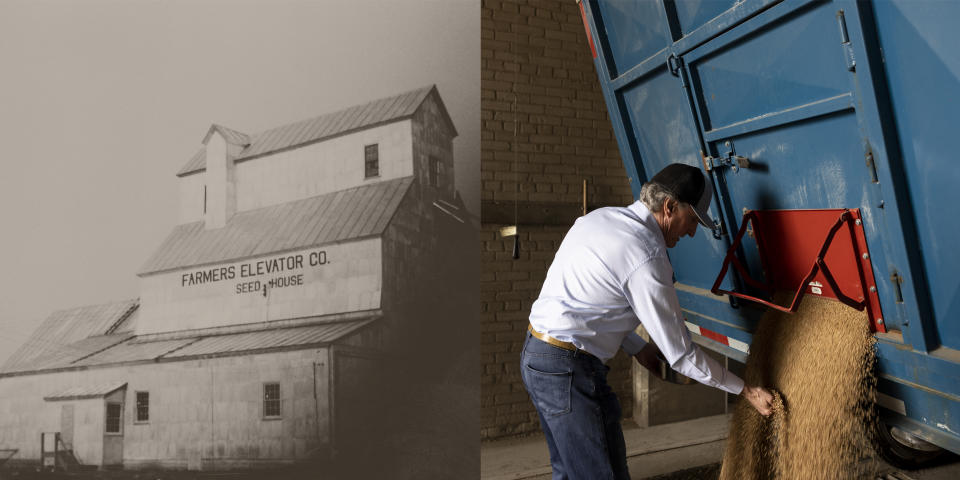 A side by side showing an archival photo of the family's grain elevator and Doug Doug Burgum at the facility. (Courtesy Doug Burgum; Tim Gruber for NBC News)