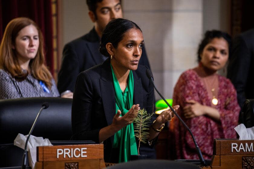 Los Angeles, CA - May 16: Los Angeles City Councilwoman Nithya Raman (District 4), speaks during a meeting where the Council deadlocked on a proposal, 7-7, to ask City Planning Director Vince Bertoni to consider rescinding a general plan amendment initiation for the Bulgari Resort Los Angeles, a planned 58-room hotel that would rise in Benedict Canyon, at City Hall in downtown Los Angeles, CA, Tuesday, May 16, 2023. Developer Gary Safady's proposal will continue in the process, with an environmental impact report being completed. (Jay L. Clendenin / Los Angeles Times)