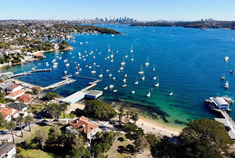 Aerial view of houses and water in Mosman. Image: Getty