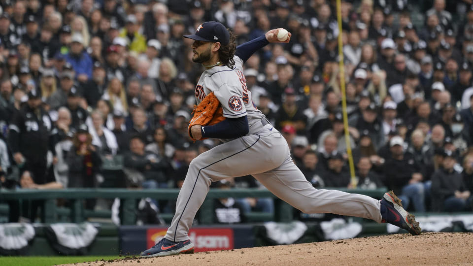 Houston Astros pitcher Lance McCullers Jr. throws against the Chicago White Sox in the first inning during Game 4 of a baseball American League Division Series Tuesday, Oct. 12, 2021, in Chicago. (AP Photo/Nam Y. Huh)