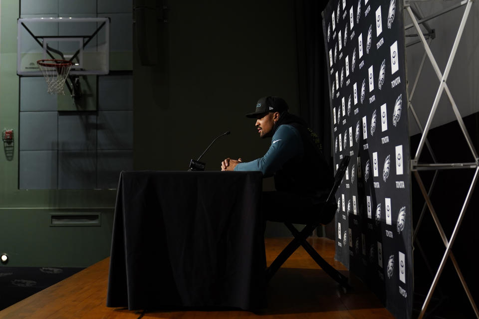 Philadelphia Eagles' Jalen Hurts speaks during a news conference at the NFL football team's training facility, Thursday, Feb. 2, 2023, in Philadelphia. The Eagles are scheduled to play the Kansas City Chiefs in Super Bowl LVII on Sunday, Feb. 12, 2023. (AP Photo/Matt Slocum)