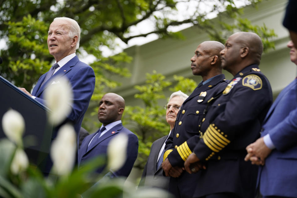 President Joe Biden speaks in the Rose Garden of the White House in Washington, Friday, May 13, 2022, during an event to highlight state and local leaders who are investing American Rescue Plan funding. (AP Photo/Andrew Harnik)