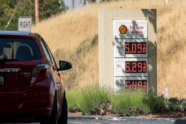 PHOTO: In this May 23, 2023, file photo, gas prices are shown at a Shell gas station in Hercules, Calif. (Bloomberg via Getty Images, FILE)
