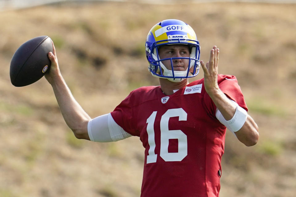 Los Angeles Rams quarterback Jared Goff throws during NFL football training camp, Tuesday, Aug. 18, 2020, in Thousand Oaks, Calif. (AP Photo/Marcio Jose Sanchez)