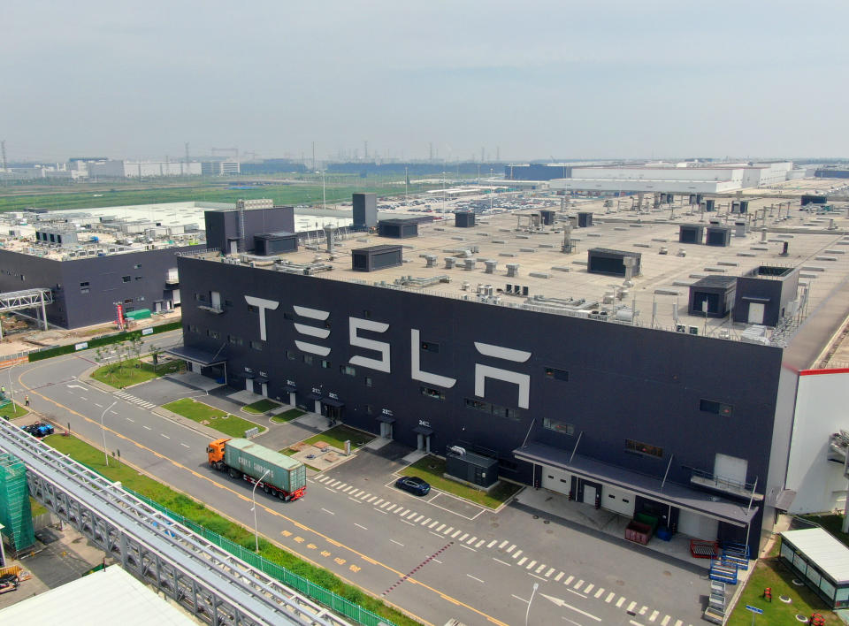 SHANGHAI
                        , CHINA - JULY 11 2021: An aerial view of Tesla Gigafactory Three in Shanghai, China Sunday, July 11, 2021. (Photo credit should read Feature China/Barcroft Media via Getty Images)