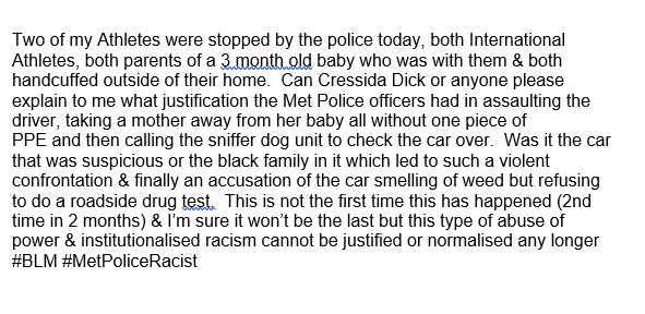 Linford Christie has accused the Met Police of racism after two of his althetes were stopped and searched (Linford Christie/Twitter)