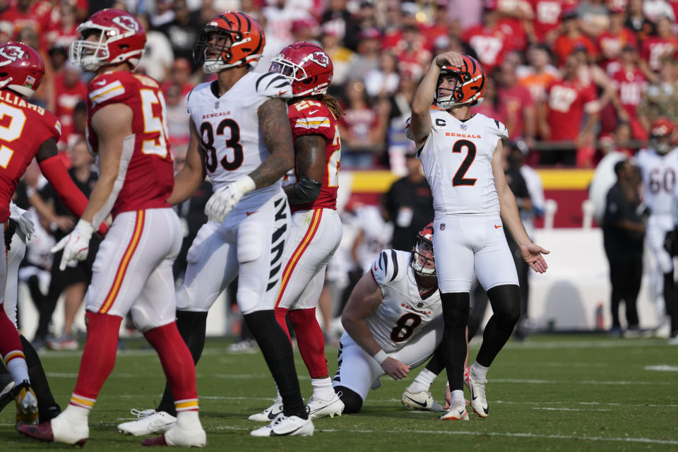 Cincinnati Bengals kicker Evan McPherson (2) watches his 48-yard field goal during the first half of an NFL football game against the Kansas City Chiefs Sunday, Sept. 15, 2024, in Kansas City, Mo. (AP Photo/Ed Zurga)