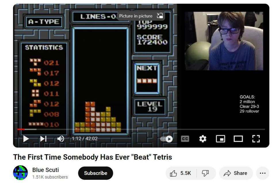 Willis Gibson, known by his screen name Blue Scuti, became the first known person to beat Tetris.
