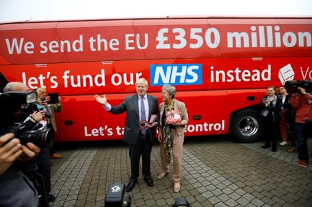 FILE PHOTO: Former London Mayor Boris Johnson speaks at the launch of the Vote Leave bus campaign, in favour of Britain leaving the European Union, in Truro