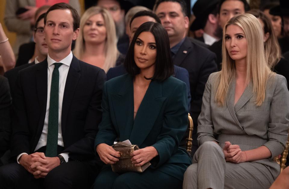 Kim Kardashian sat between Jared Kushner and Ivanka Trump in the meeting [Photo: Getty]