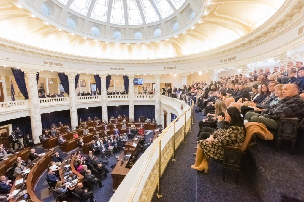 Idaho Gov. Brad Little gives his State of the State speech in the House chambers