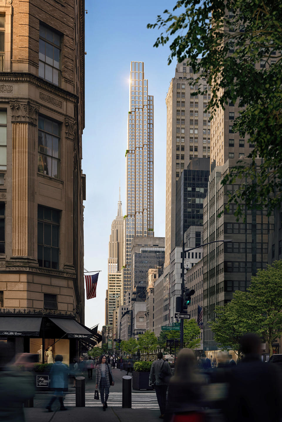 A long-distance view of the striking tower at 520 Fifth Avenue.
