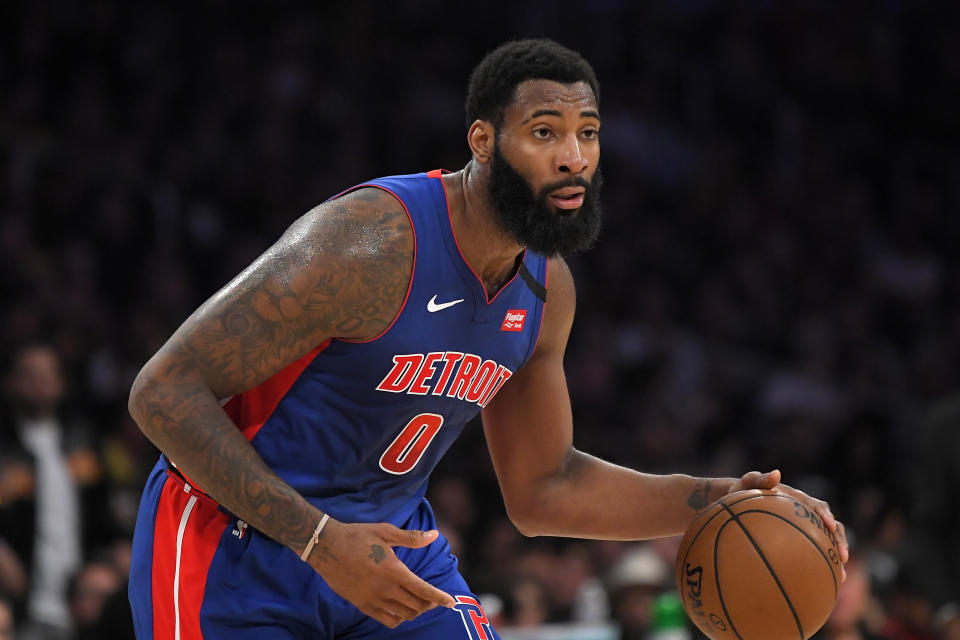 Detroit Pistons center Andre Drummond dribbles during the second half of an NBA basketball game against the Los Angeles Lakers Sunday, Jan. 5, 2020, in Los Angeles. The Lakers won 106-99. (AP Photo/Mark J. Terrill)