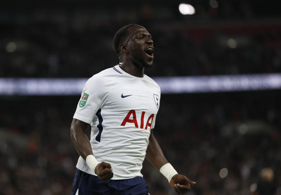 Tottenham’s Moussa Sissoko celebrates after he scores his sides first goal