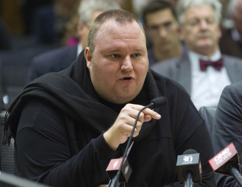 FILE - Internet entrepreneur Kim Dotcom speaks during the Intelligence and Security select committee hearing at Parliament, on July 3, 2013, in Wellington, New Zealand. (Mark Mitchell/New Zealand Herald via AP, File)