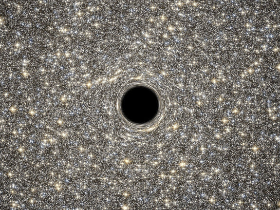 This illustration depicts the supermassive black hole located at the center of the very dense galaxy M60-UCD1. It may weigh 21 million times the mass of our sun.