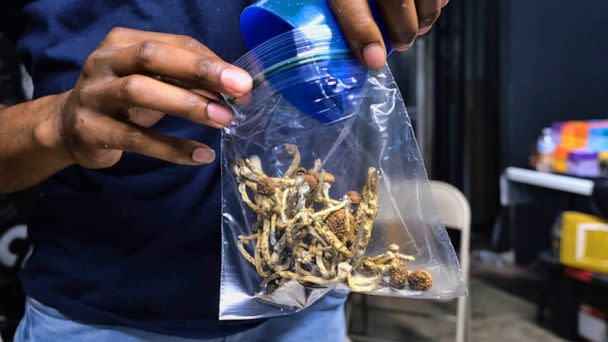 PHOTO: In this May 24, 2019, file photo, a vendor bag of psilocybin mushrooms is shown at a cannabis marketplace in Los Angeles. (Richard Vogel/AP, FILE)