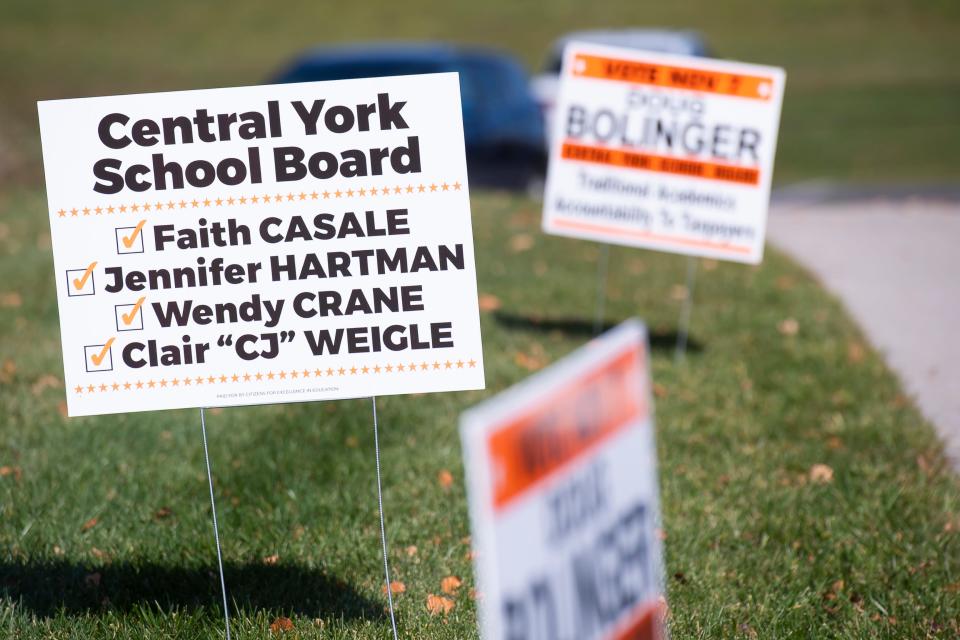 A campaign sign for a group of Central York School District Board of Directors candidates is seen outside a polling place at the Manchester Township Municipal Building on election day, Tuesday, November 7, 2023.