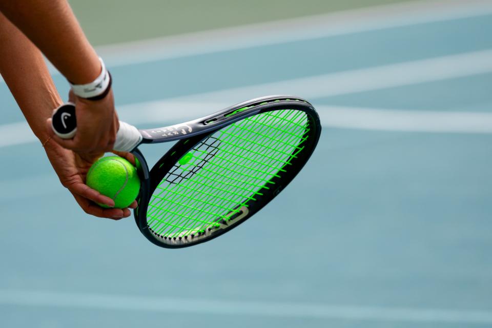 Layton’s Tia Christopulos competes in the first singles finals against Skyridge’s Bella Lewis during the 2023 6A Girls Tennis Championships at Liberty Park Tennis Courts in Salt Lake City on Saturday, Sept. 30, 2023. Lewis won the match. | Megan Nielsen, Deseret News