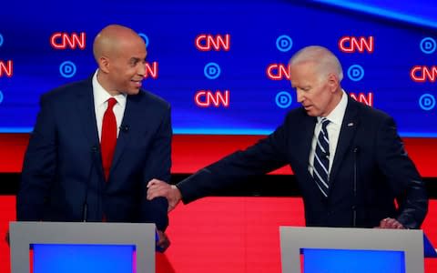 Joe Biden, right, and senator Cory Booker during a debate between Democratic presidential hopefuls in July - Credit: REUTERS/Lucas Jackson&nbsp;