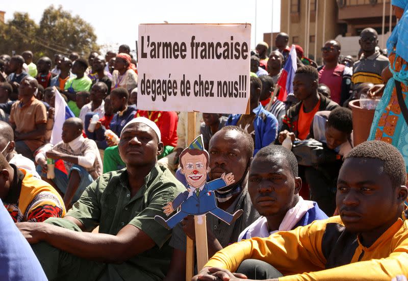 FILE PHOTO: People gather to show their support to Burkina Faso's new military leader Ibrahim Traore and demand the departure of the French ambassador in Ouagadougou