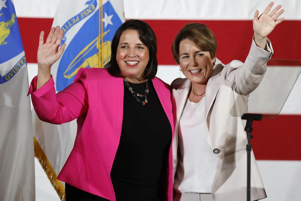 Massachusetts Gov.-elect Maura Healey, right, and Lt. Gov.-elect Kim Driscoll stand on stage during a Democratic election night party, Tuesday, Nov. 8, 2022, in Boston. (AP Photo/Michael Dwyer)