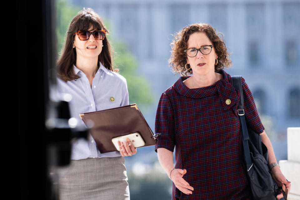 Rep. Val Hoyle (right) walks into the U.S. Capitol with Rep. Marie Gluesenkamp Perez on Thursday, April 20, 2023. (Tom Williams/CQ-Roll Call, Inc via Getty Images)