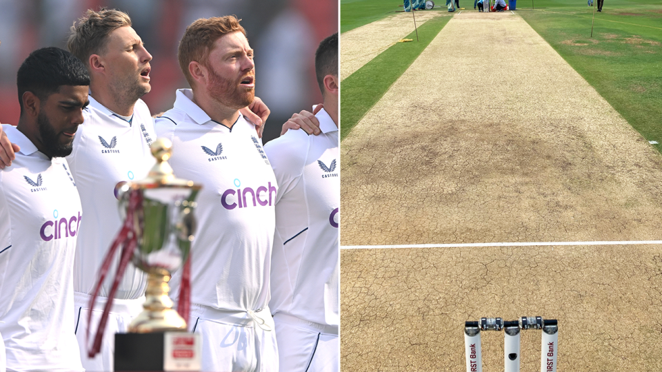 England great Mike Atherton has sent the cricket world into overdrive after revealing images of the Hyderabad pitch only moments before the toss. (Images: Getty Images/@Athersmike)