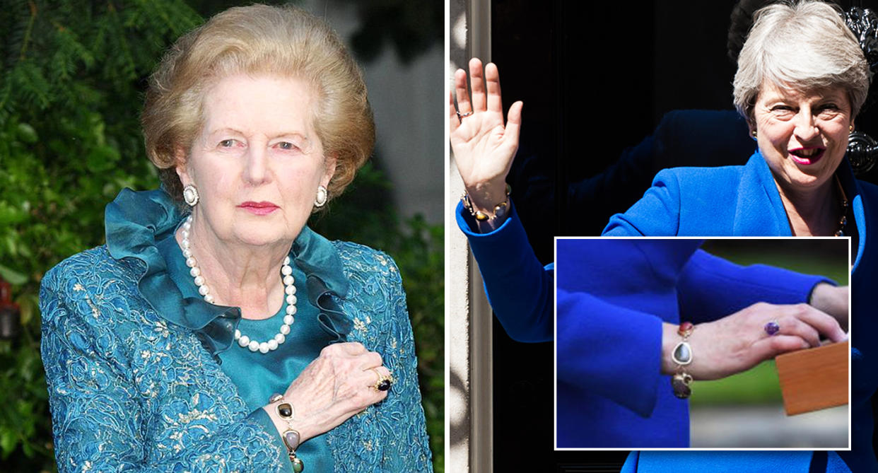 Margaret Thatcher (left) and Theresa May (right) wearing gemstone bracelets – but are they the same?  [Photo: Getty]