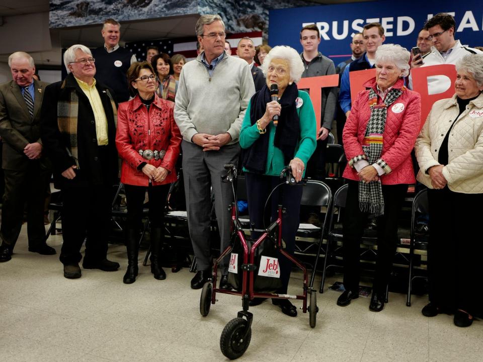 Former First Lady Barbara Bush speaks alongside her son, Jeb Bush, during a 2016 campaign event in New Hampshire.